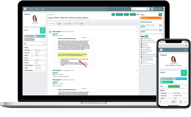 Dovetail HR case management console showing the case queue, employee record and resolution timeline