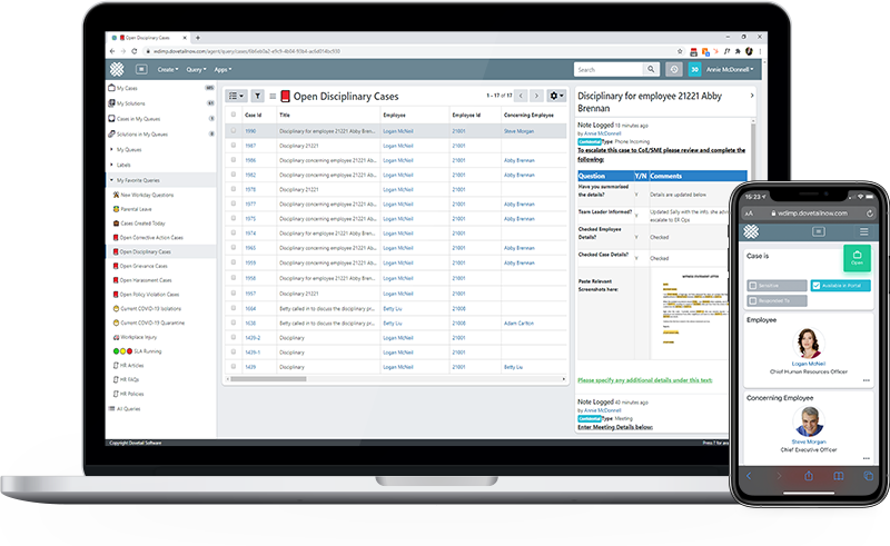 Dovetail employee relations console showing case documentation and investigation timeline