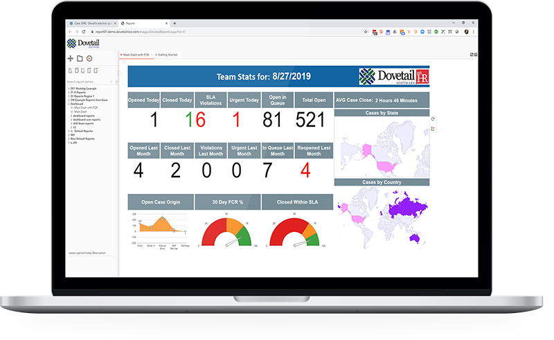 Dovetail HR case management reporting dashboard with service level and volume analytics