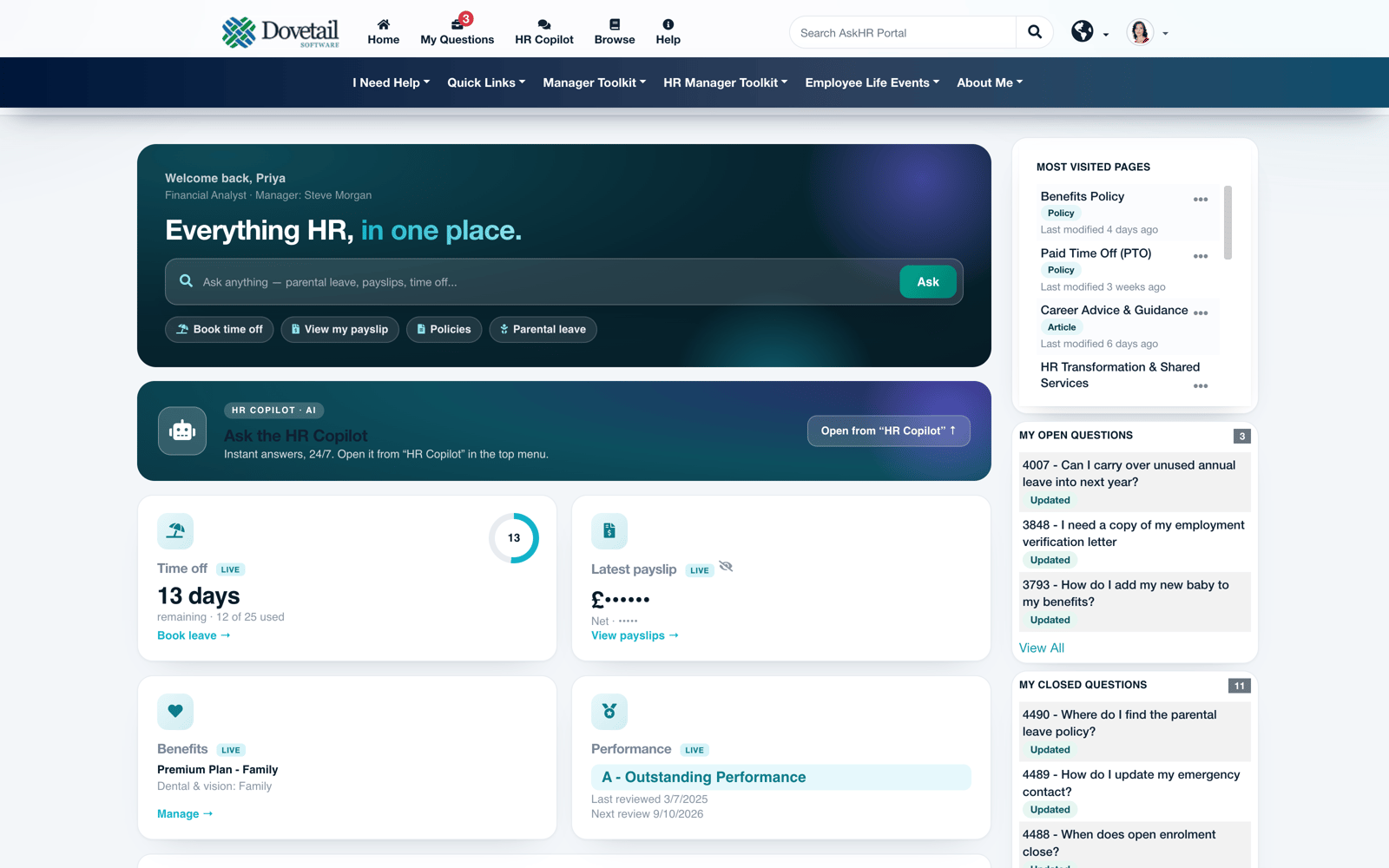Dovetail employee portal home page showing a personalised welcome, HR search, time off balance, payslip and benefits tiles, and the employee's own open and closed HR questions