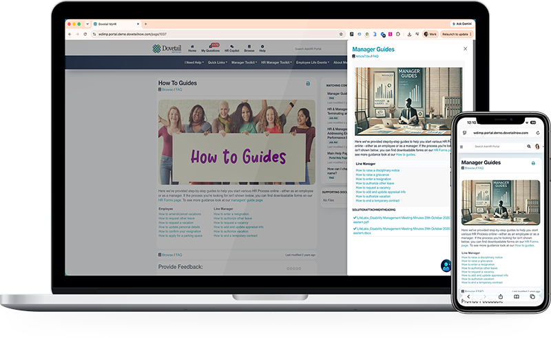 Dovetail HR knowledge base showing How To Guides and manager guides on laptop and mobile