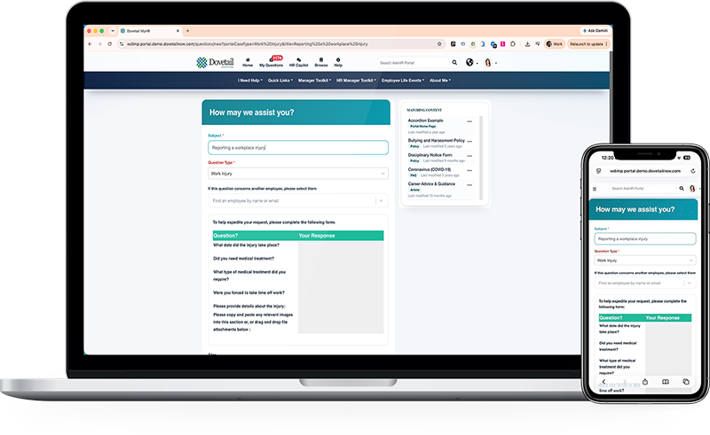 Dovetail Ask HR form where an employee raises a workplace injury case, with matching knowledge articles alongside