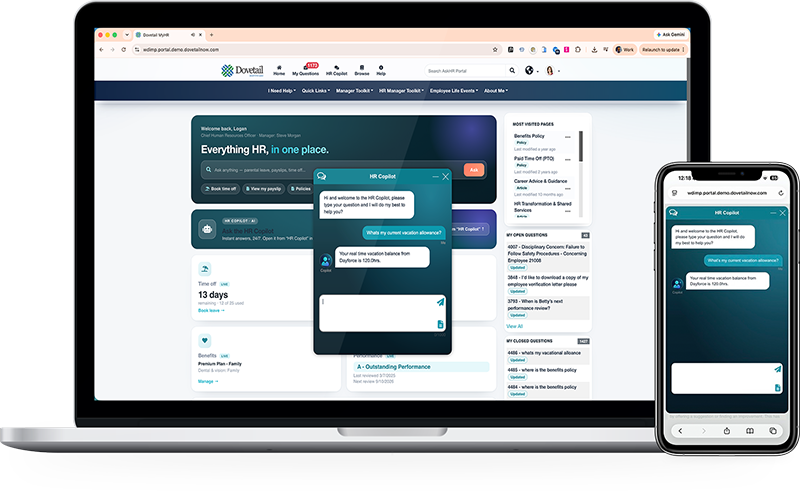 Dovetail HR Copilot answering an employee question about vacation balance inside the employee portal