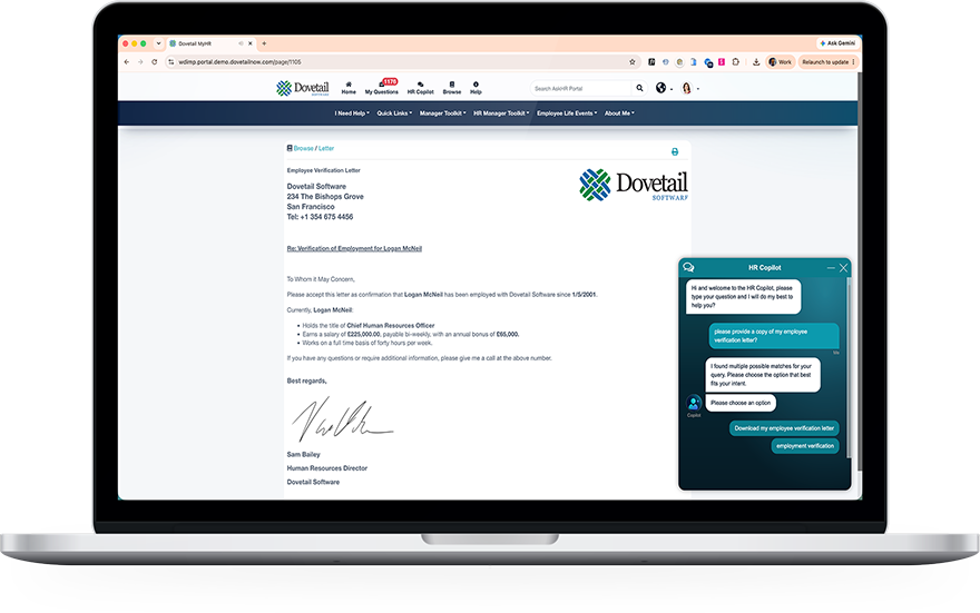 Dovetail HR Copilot generating an employment verification letter from a conversational request