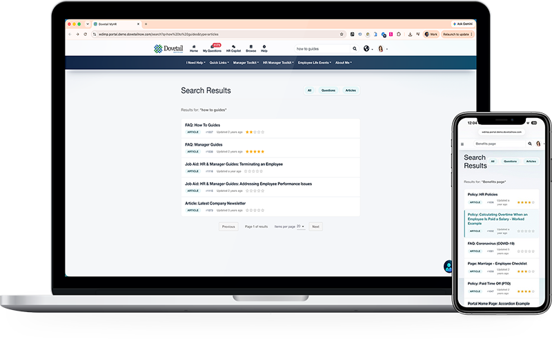 Dovetail employee portal knowledge search results showing FAQs, job aids and policy articles with ratings