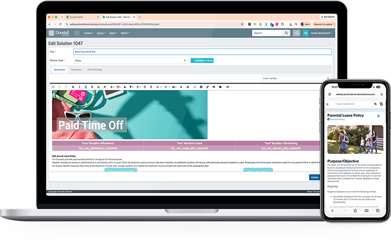 Dovetail solution editor where HR configures a Paid Time Off article and publishes it to the employee portal