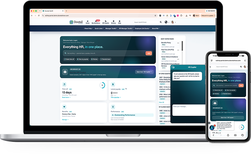 Dovetail employee portal welcome page on laptop and mobile, showing personalised HR content, time off balance and open questions